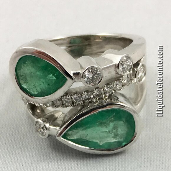 **BRAND NEW** Green Colombian Emerald and Diamond Bubble Ring in 14K White Gold - Picture 1 of 16